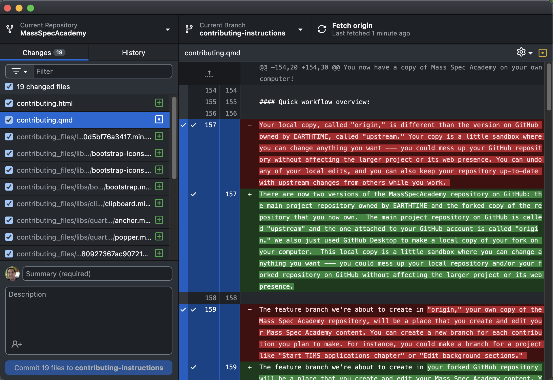 GitHub desktop screenshot with uncommitted changes